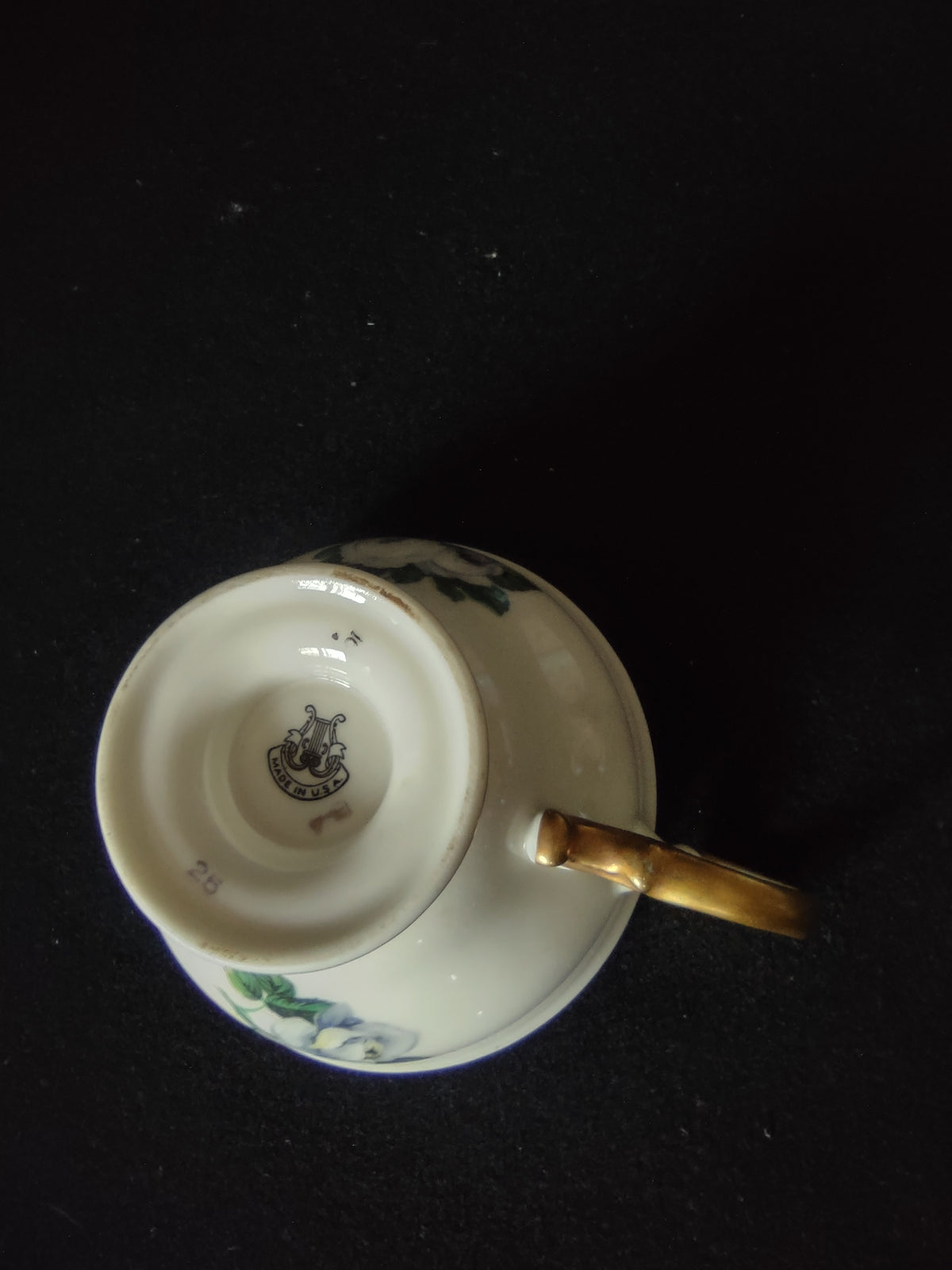 Vintage Castleton China Blue Rose Cup & Saucer Cream Gold USA [7001]