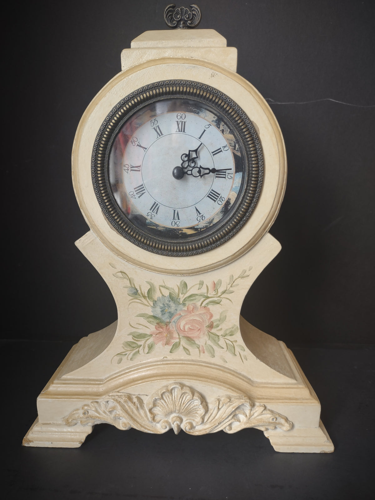 Vintage Victorian Mantel Clock Cream Rose Floral Painted Bronze Bezel [7345]