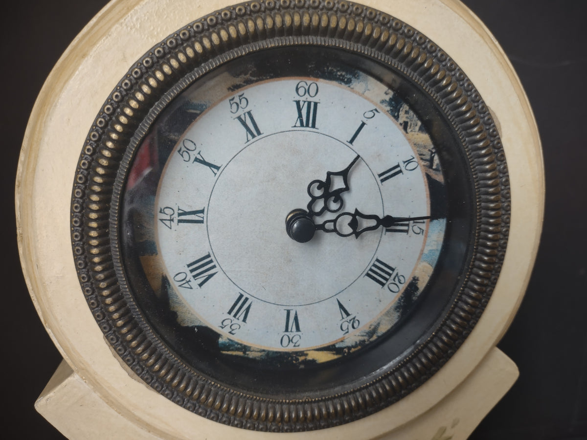 Vintage Victorian Mantel Clock Cream Rose Floral Painted Bronze Bezel [7345]