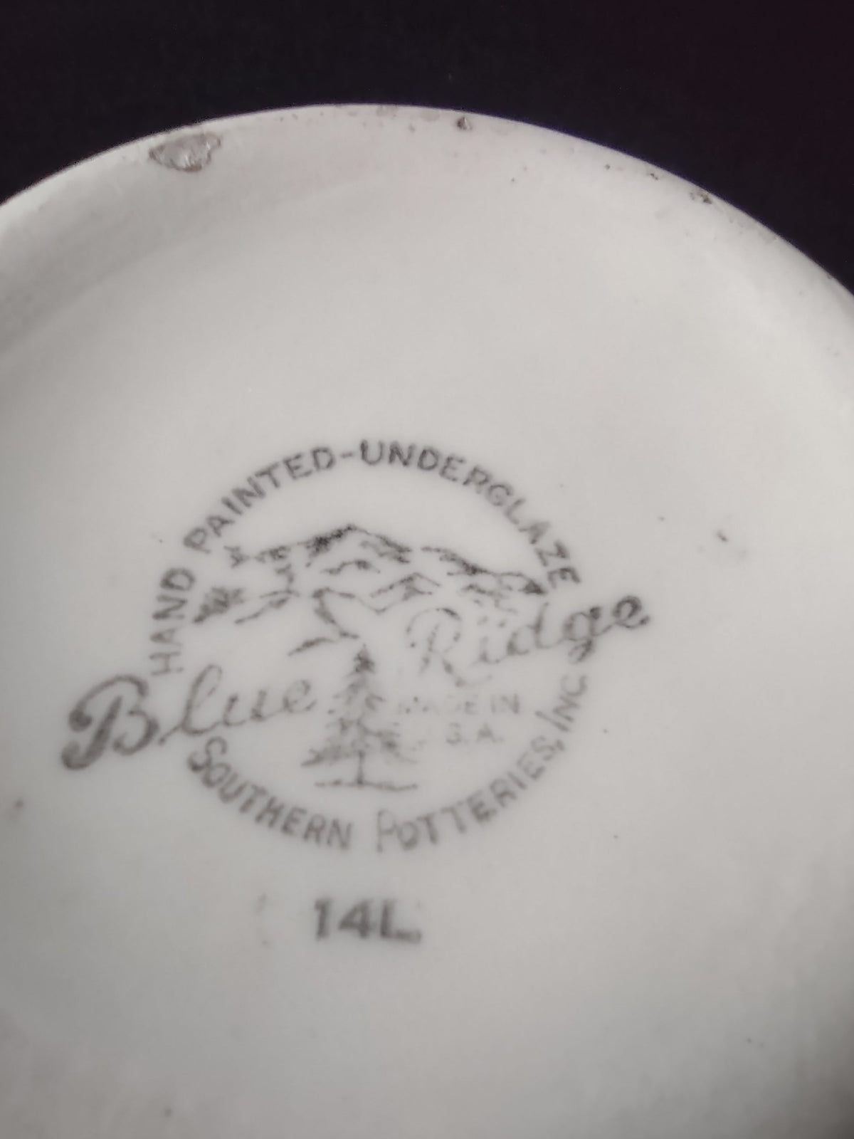 Vintage Blue Ridge Southern Potteries off-white gravy boat - backstamp close-up