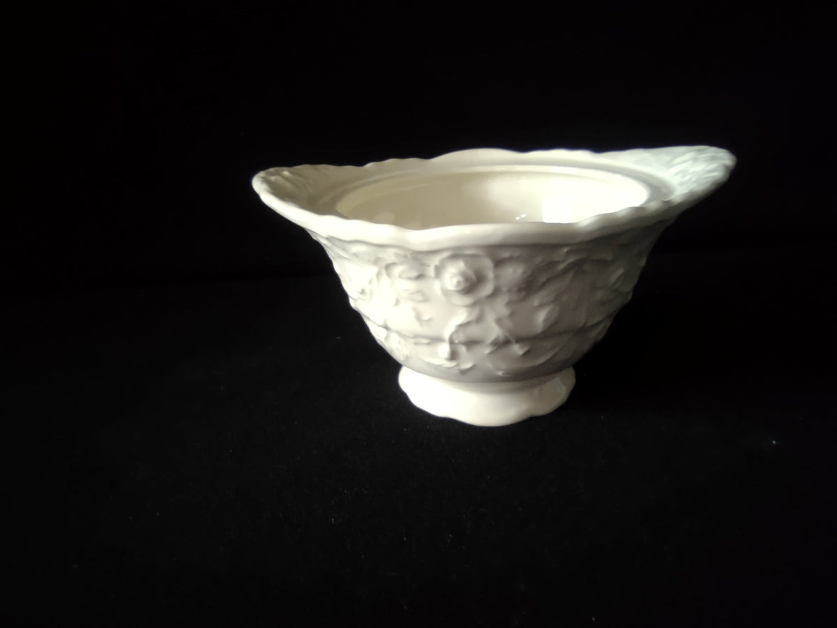 Arcopal Blue Pearl embossed rose oval serving bowl side view with ruler