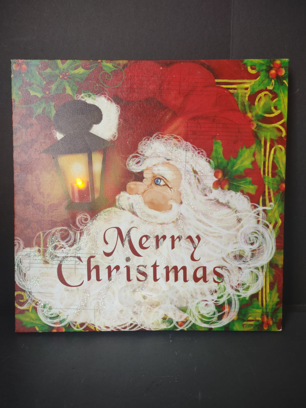 Vintage LED Light Up Santa Claus Merry Christmas Canvas Wall Art - back view with battery pack