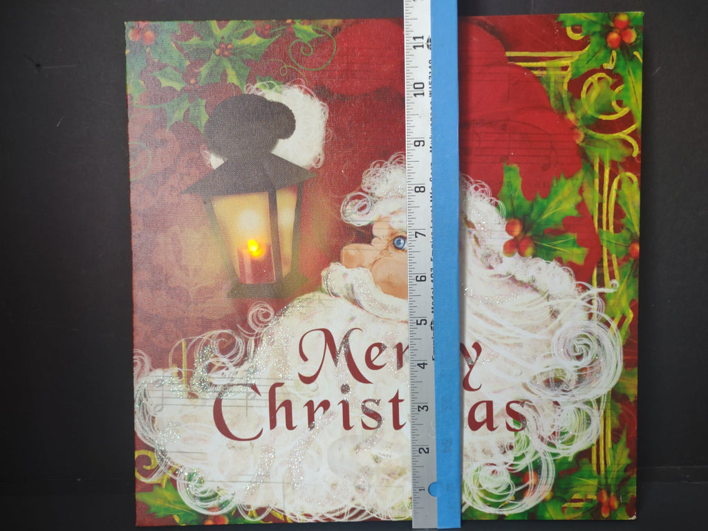 Vintage LED Light Up Santa Claus Merry Christmas Canvas Wall Art - front view lit