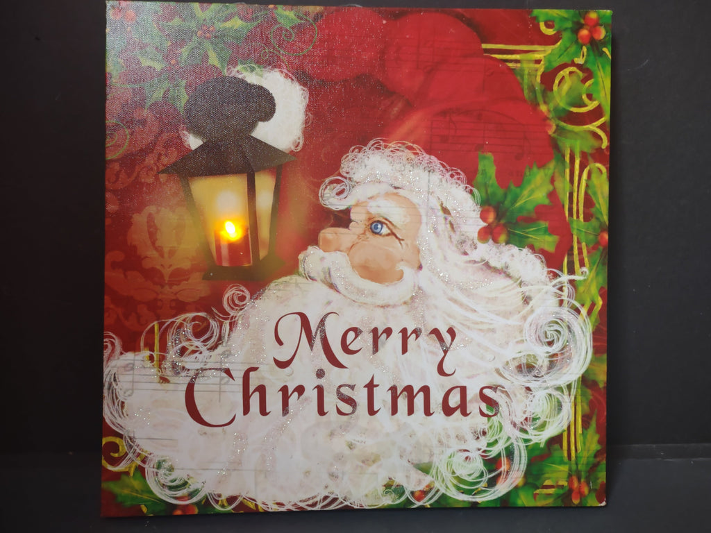 Vintage LED Light Up Santa Claus Merry Christmas Canvas Wall Art - front view unlit
