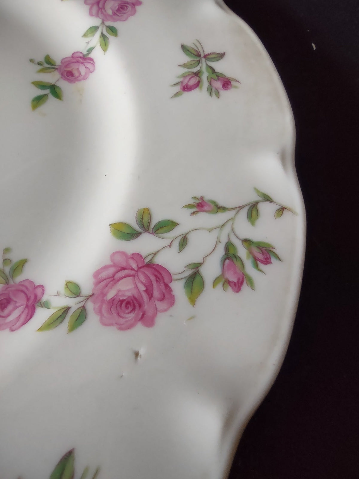 Close-up of Delaware pattern center motif showing vine and pink roses on white ground