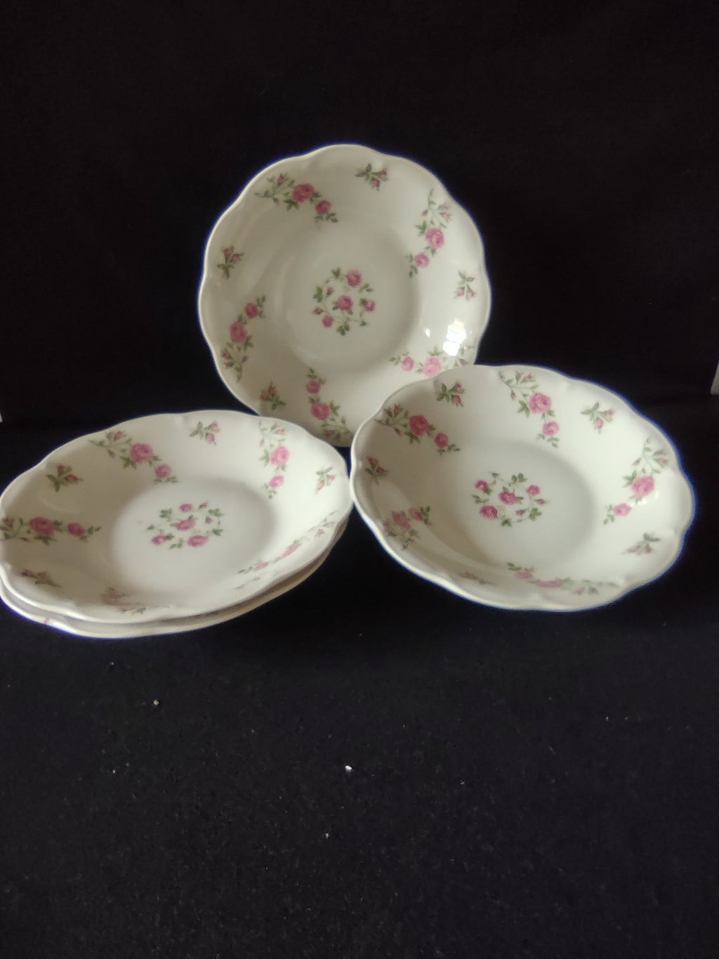 Vintage Theodore Haviland New York Delaware pink rose scalloped bowl with ruler showing approximately 6 inch diameter, top view