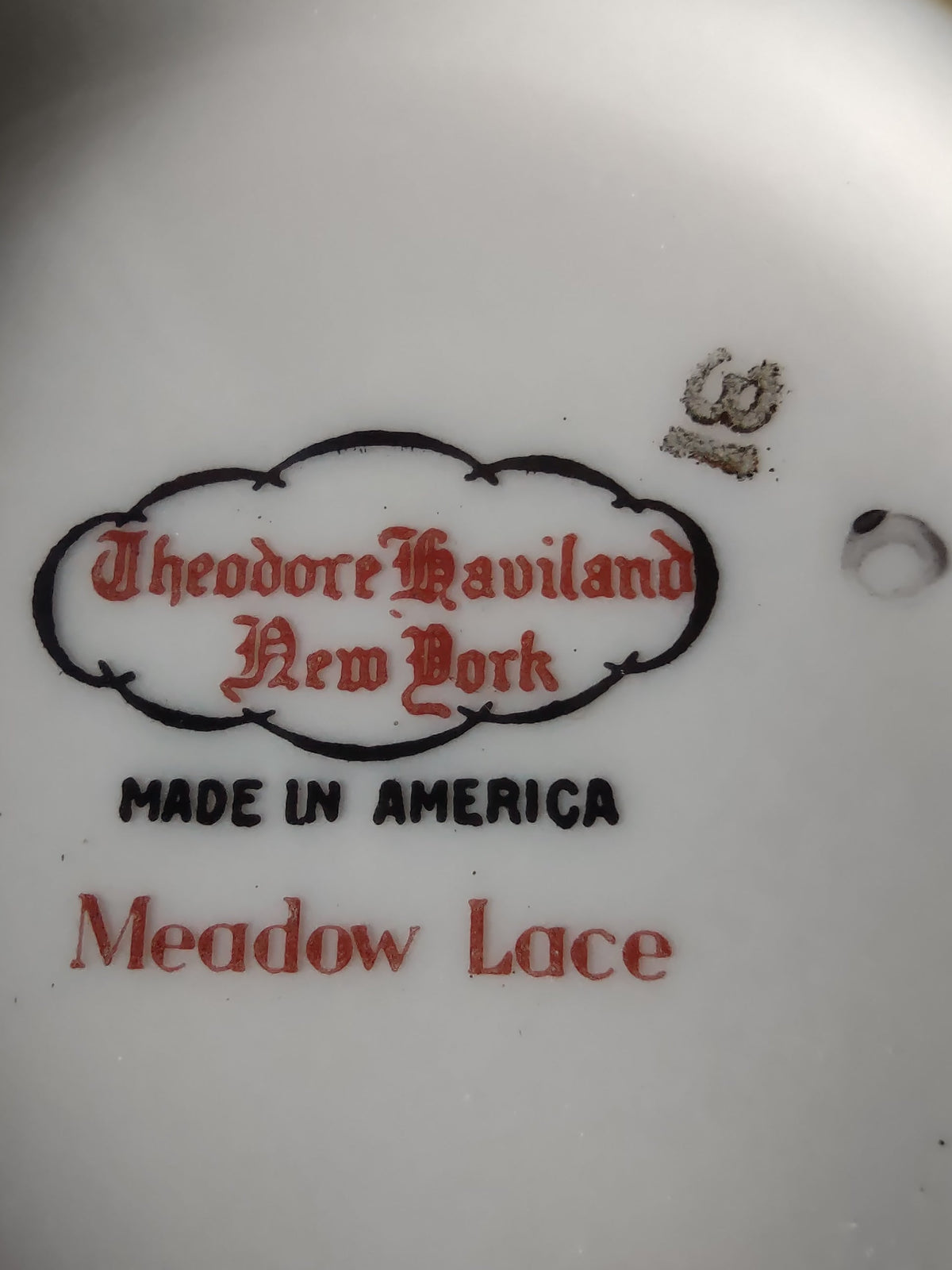 Additional view of Theodore Haviland Meadow Lace saucer showing full pattern with berry spray, starburst medallions, and platinum rim on white ground