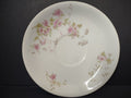 Vintage O.P.Co. Syracuse China saucer with pink floral sprigs and green leaves on white ground