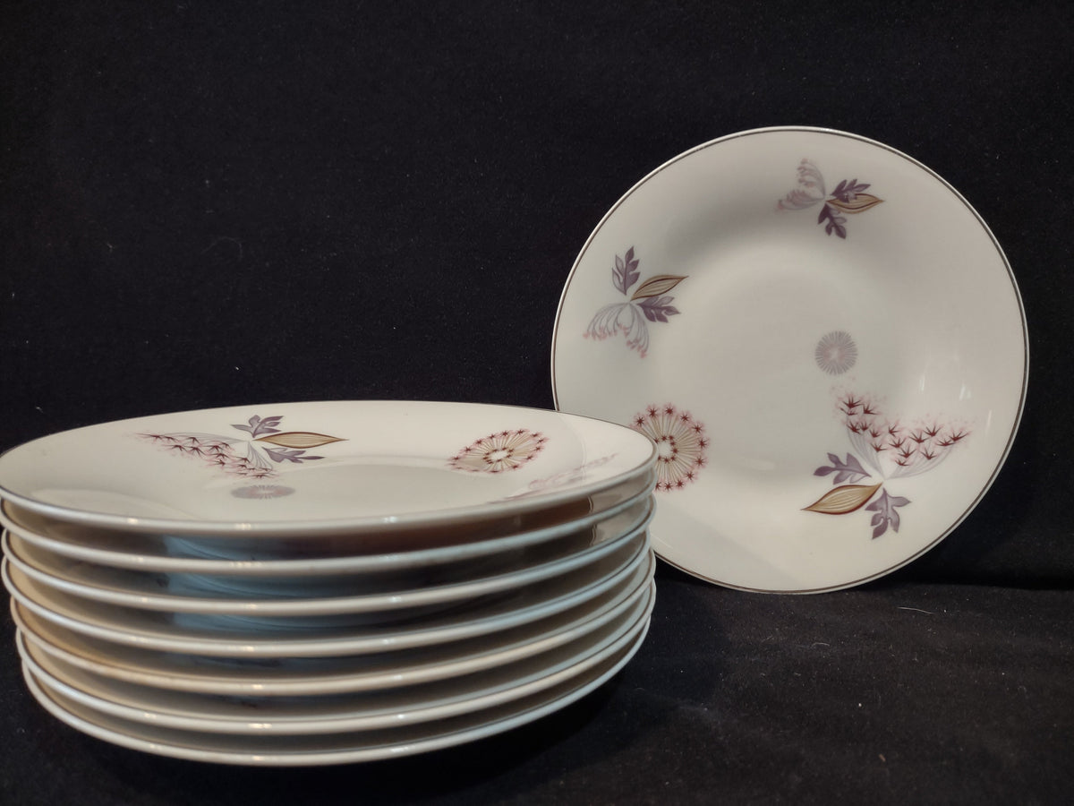 Vintage Theodore Haviland NY Meadow Lace plates set of 8, purple floral and starburst motif, platinum rim