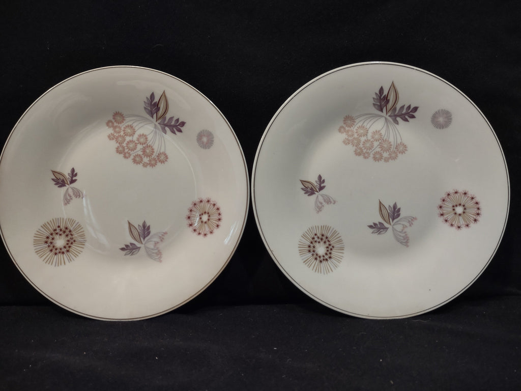 Vintage Theodore Haviland NY Meadow Lace plates set of 4, purple floral and starburst motif, platinum rim, front view