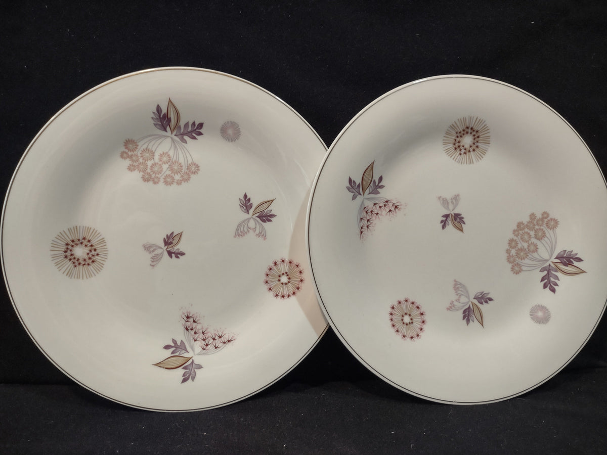 Vintage Theodore Haviland NY Meadow Lace plates set of 2, purple floral and starburst motif, platinum rim, front view