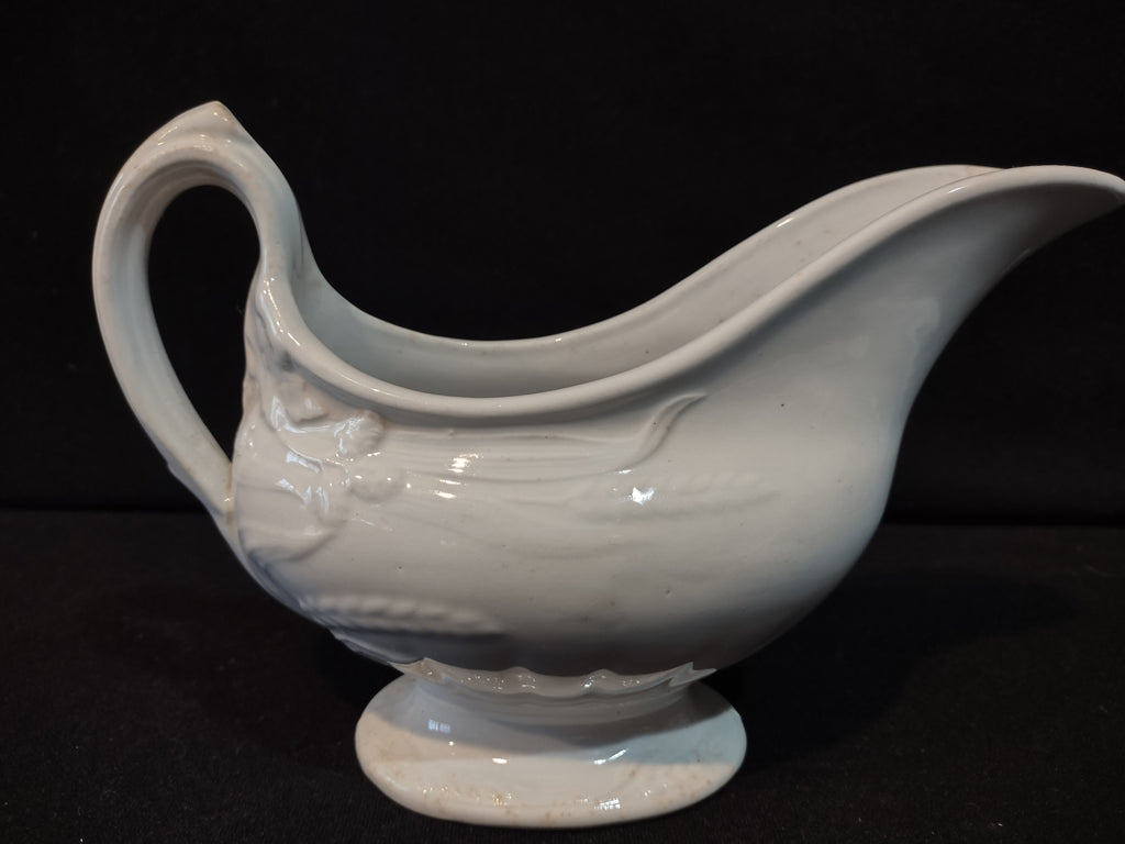 Vintage White Porcelain Gravy Boat Embossed Floral Crazing Discoloration [7276]