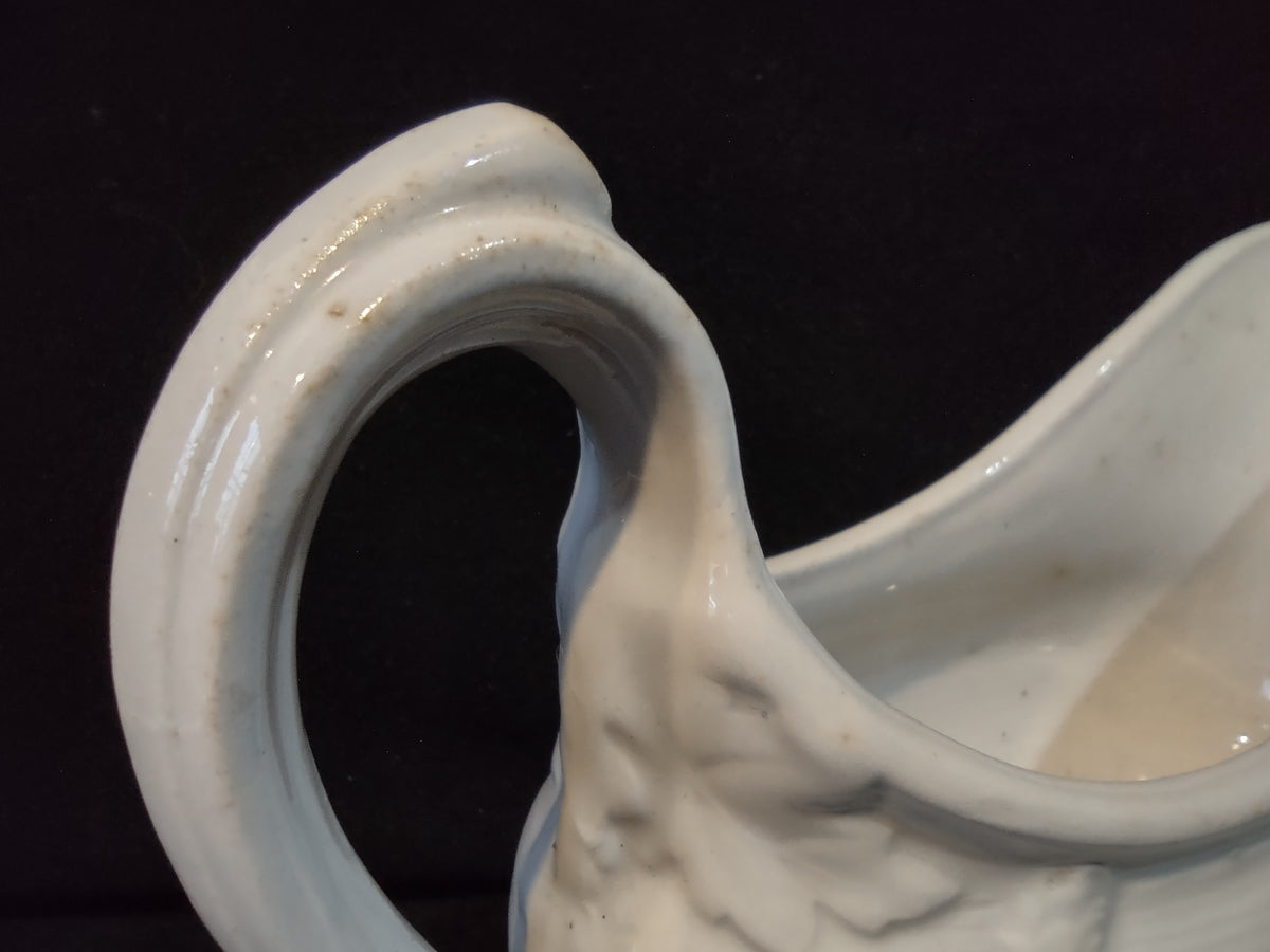 Vintage White Porcelain Gravy Boat Embossed Floral Crazing Discoloration [7276]