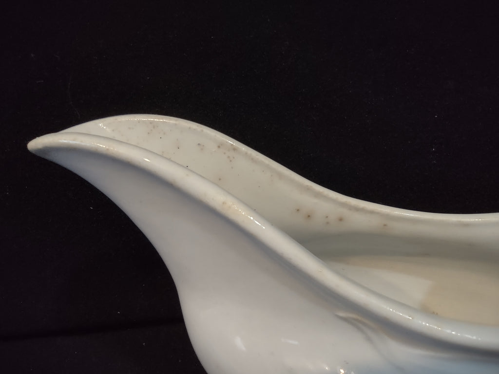 Vintage White Porcelain Gravy Boat Embossed Floral Crazing Discoloration [7276]