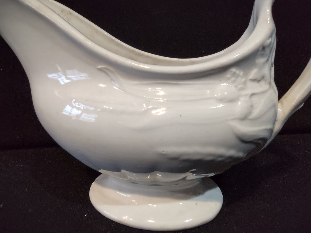 Vintage White Porcelain Gravy Boat Embossed Floral Crazing Discoloration [7276]