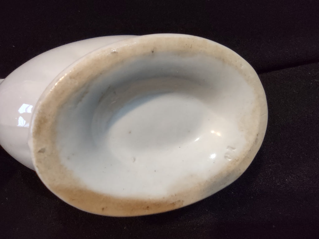 Vintage White Porcelain Gravy Boat Embossed Floral Crazing Discoloration [7276]