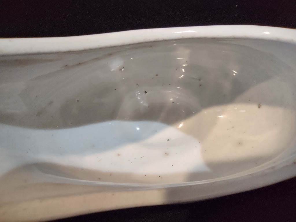 Vintage White Porcelain Gravy Boat Embossed Floral Crazing Discoloration [7276]