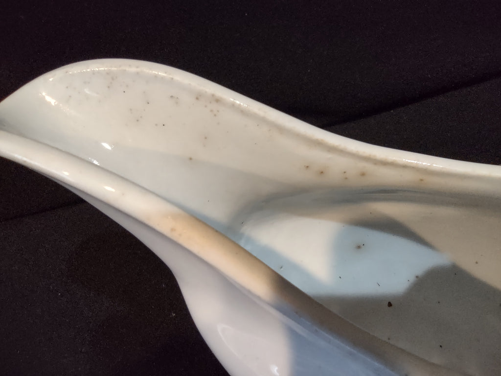 Vintage White Porcelain Gravy Boat Embossed Floral Crazing Discoloration [7276]