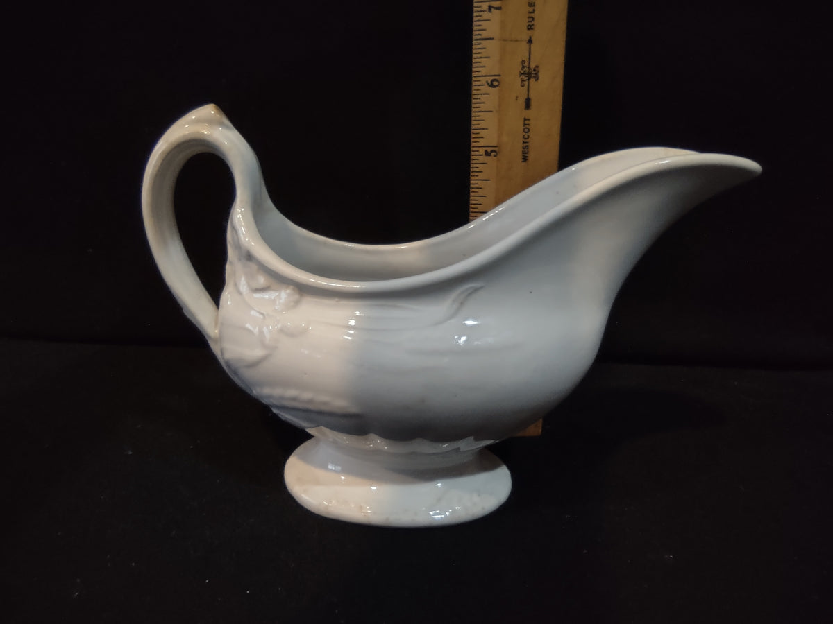 Vintage White Porcelain Gravy Boat Embossed Floral Crazing Discoloration [7276]