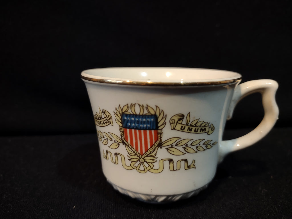 Vintage E Pluribus Unum Patriotic Crest SMALL Espresso Cup White Porcelain Gold Rim [7279]