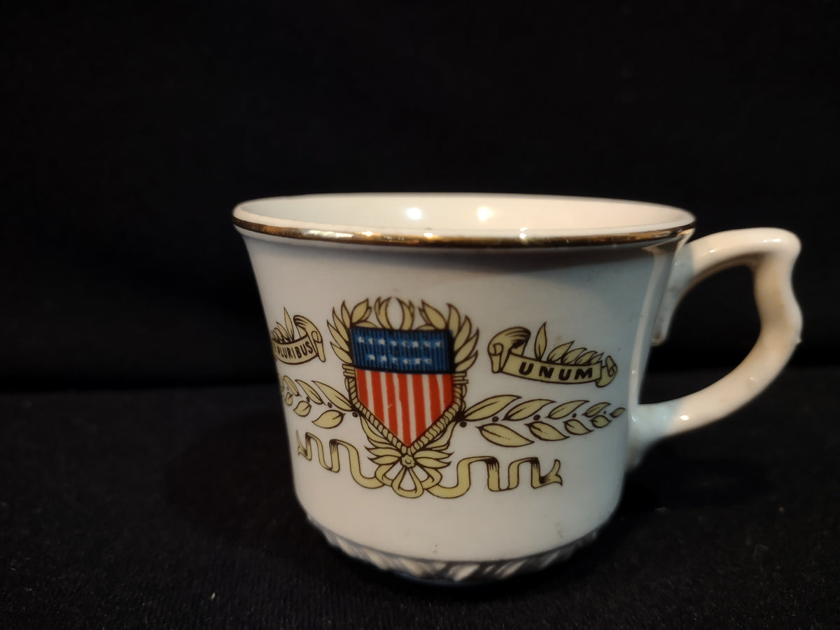 Vintage E Pluribus Unum Patriotic Crest SMALL Espresso Cup White Porcelain Gold Rim [7279]