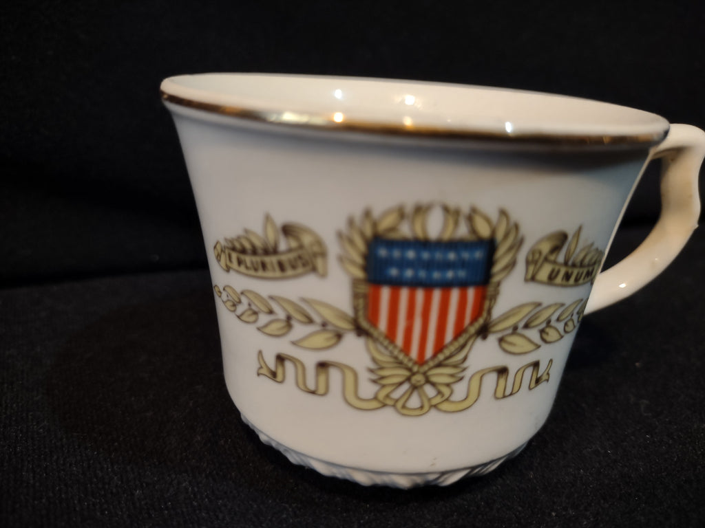Vintage E Pluribus Unum Patriotic Crest SMALL Espresso Cup White Porcelain Gold Rim [7279]