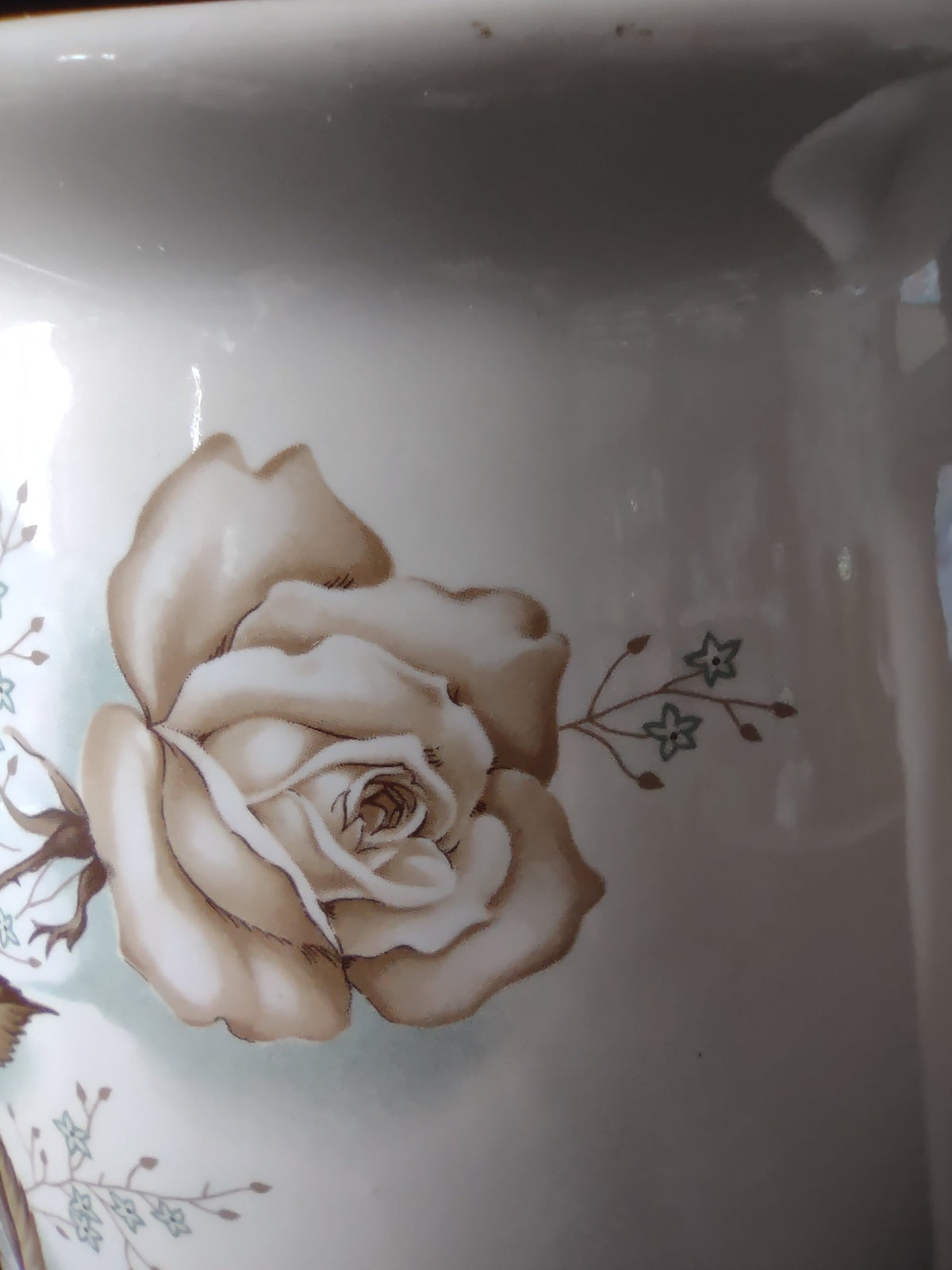 Side view of vintage ACv USA ceramic pitcher with ruler showing approximately 7 inches height