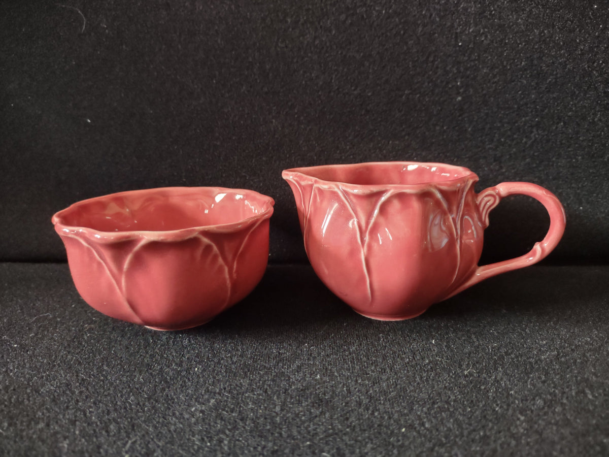 Vintage pink tulip creamer and open sugar bowl set with ruler showing approximately 2.5 inch height