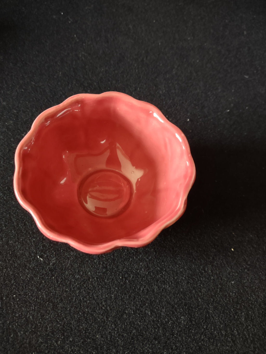 Vintage pink tulip open sugar bowl interior top-down view showing scalloped rim and dusty rose glaze