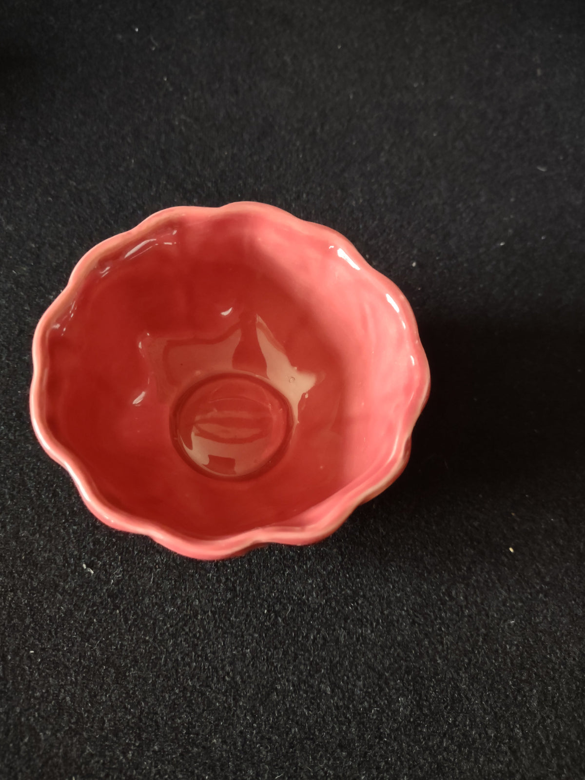 Vintage pink tulip open sugar bowl interior top-down view showing scalloped rim and dusty rose glaze