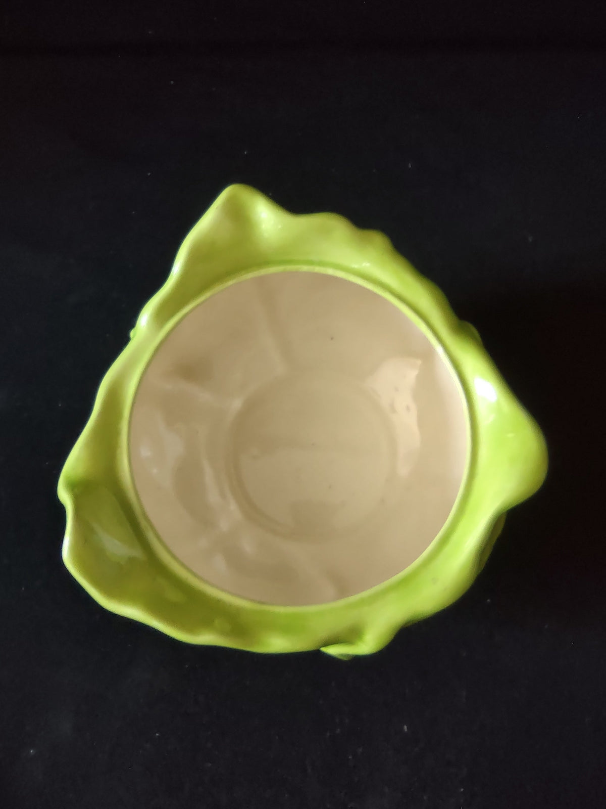 Holland Mold cabbage leaf ceramic bowl - side view showing open interior and leaf handles
