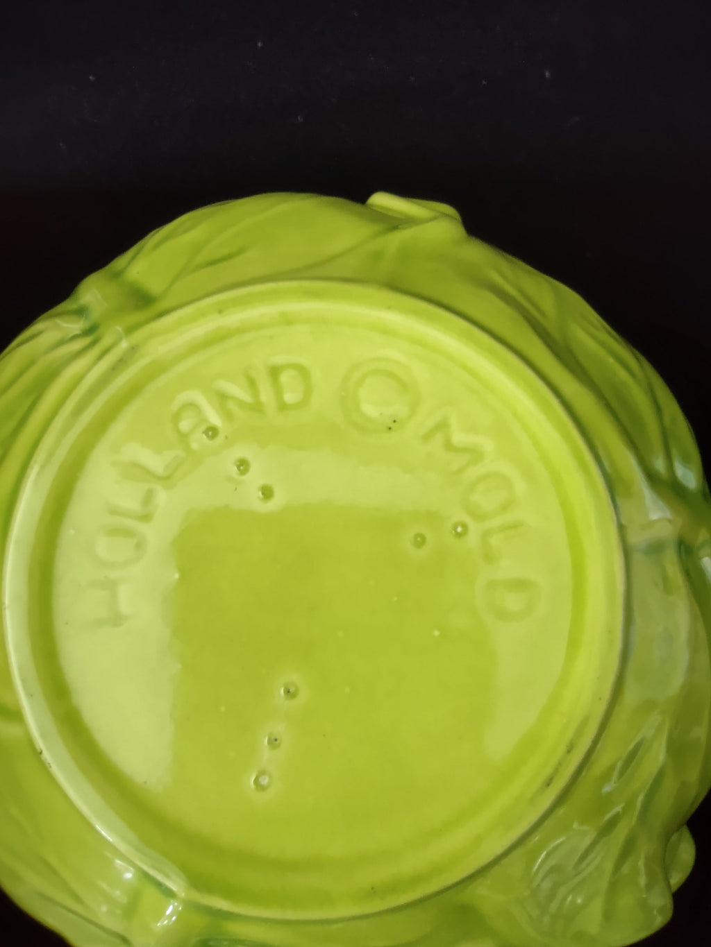 Holland Mold cabbage leaf ceramic bowl - size reference with ruler showing approx 4.5" height