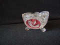 Hofbauer Bleikristall ruby red flash crystal footed bowl, front view showing bird and fern medallion
