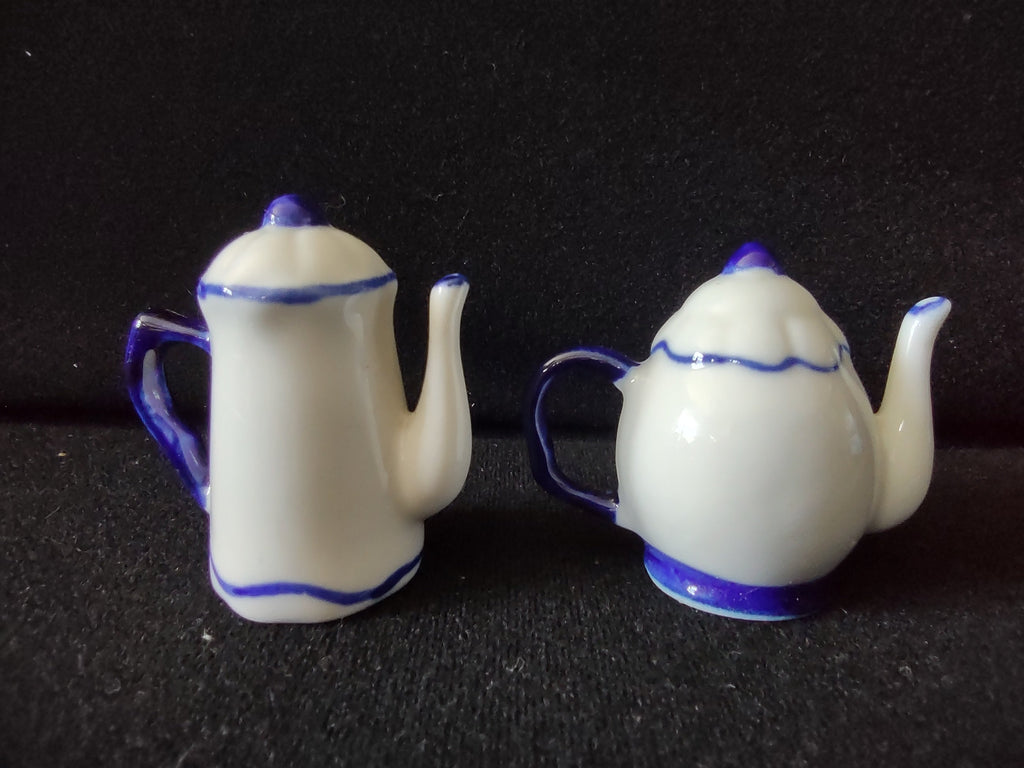 Vintage ceramic teapot salt and pepper shakers blue and off-white set of 2 front view