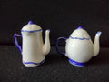 Vintage ceramic teapot salt and pepper shakers blue and off-white set of 2 front view