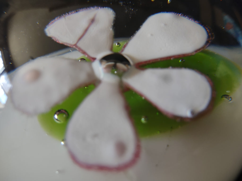 Vintage Art Glass Flower Paperweight White & Green Floral Dome [7308]
