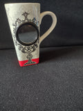 Vintage Hallmark Baroque Scrollwork Photo Frame Latte Mug - front view showing full mug with red base band