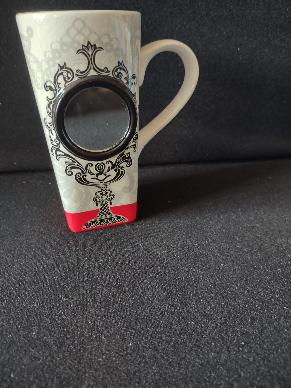 Vintage Hallmark Baroque Scrollwork Photo Frame Latte Mug - front view showing full mug with red base band