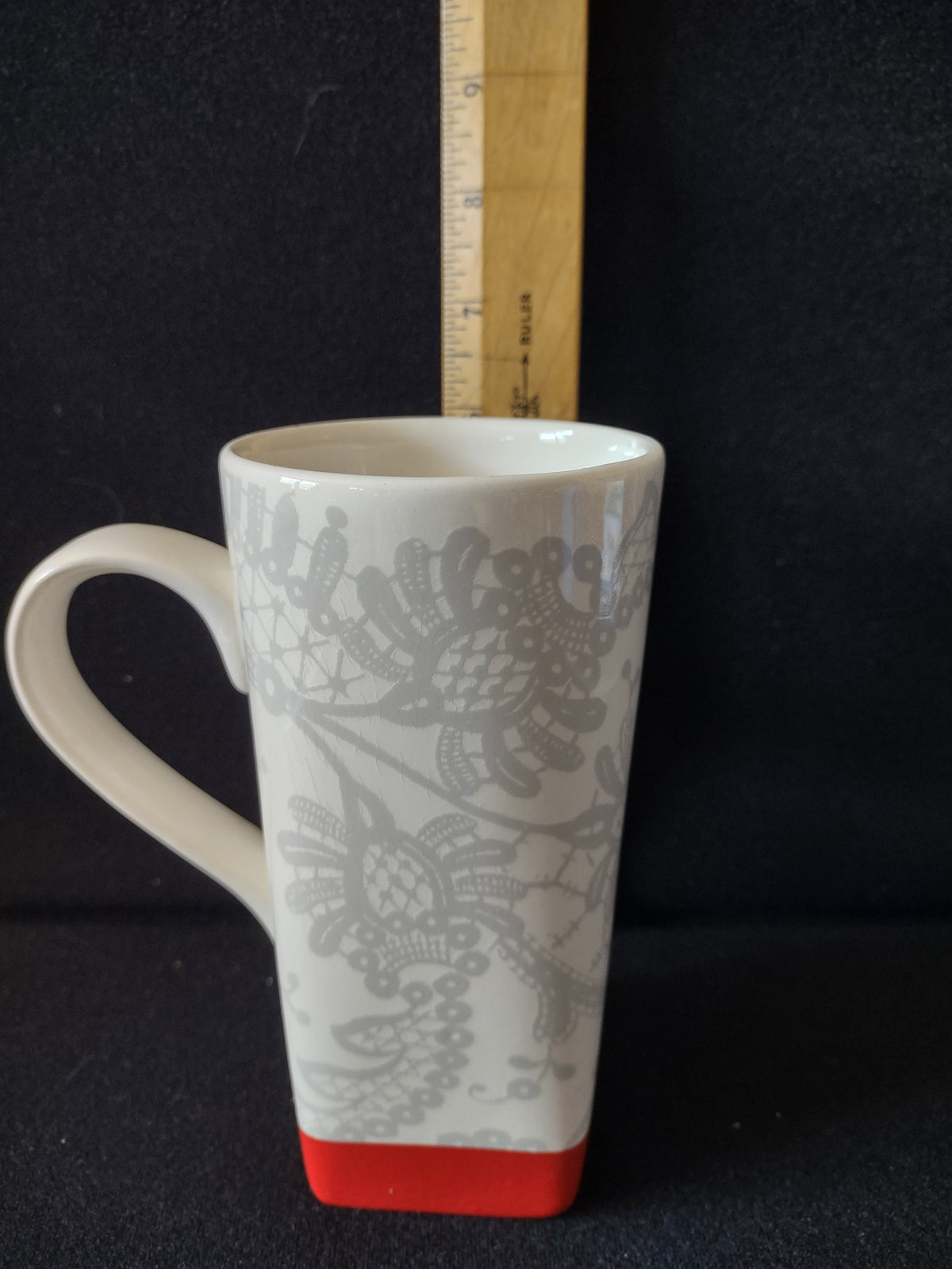 Vintage Hallmark Baroque Scrollwork Photo Frame Latte Mug - side view showing baroque scrollwork and photo frame medallion