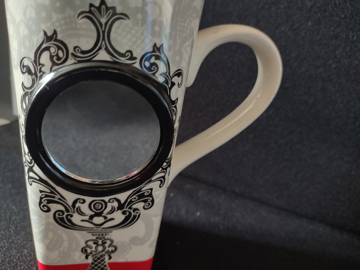 Vintage Hallmark Baroque Scrollwork Photo Frame Latte Mug - base detail showing red band and scrollwork