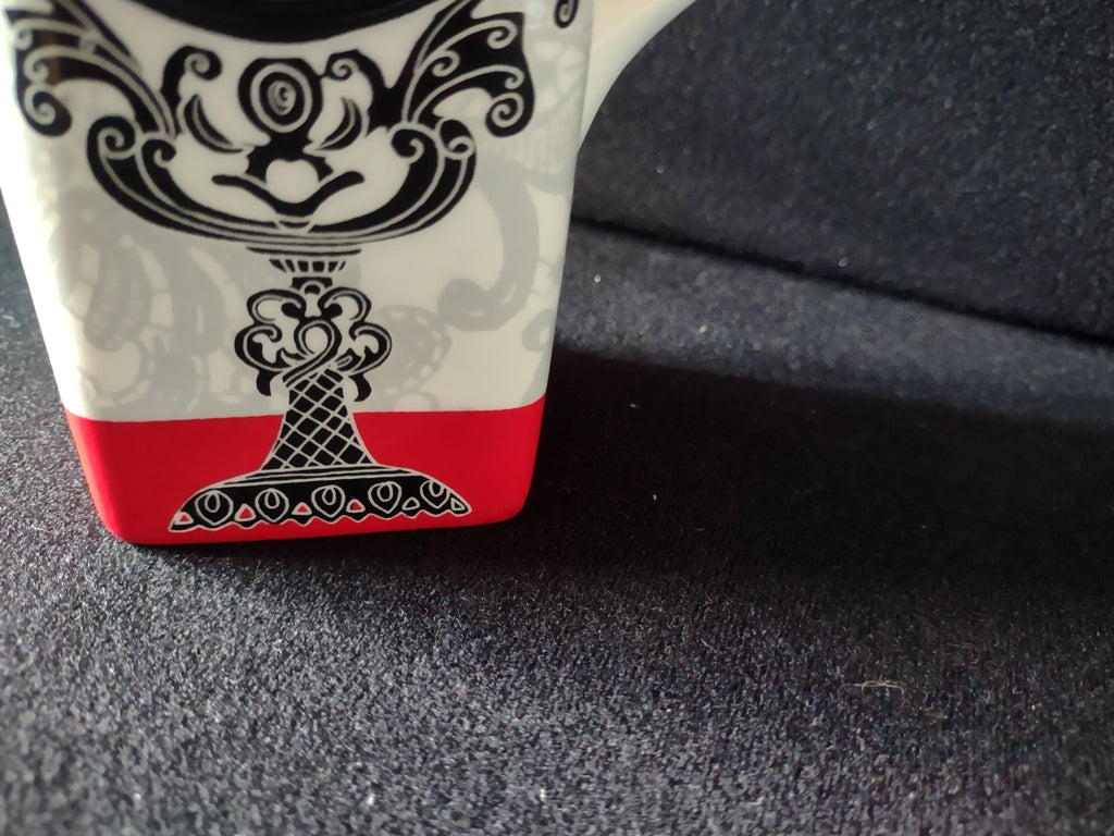 Vintage Hallmark Baroque Scrollwork Photo Frame Latte Mug - side view with ruler showing approximately 6 inch height