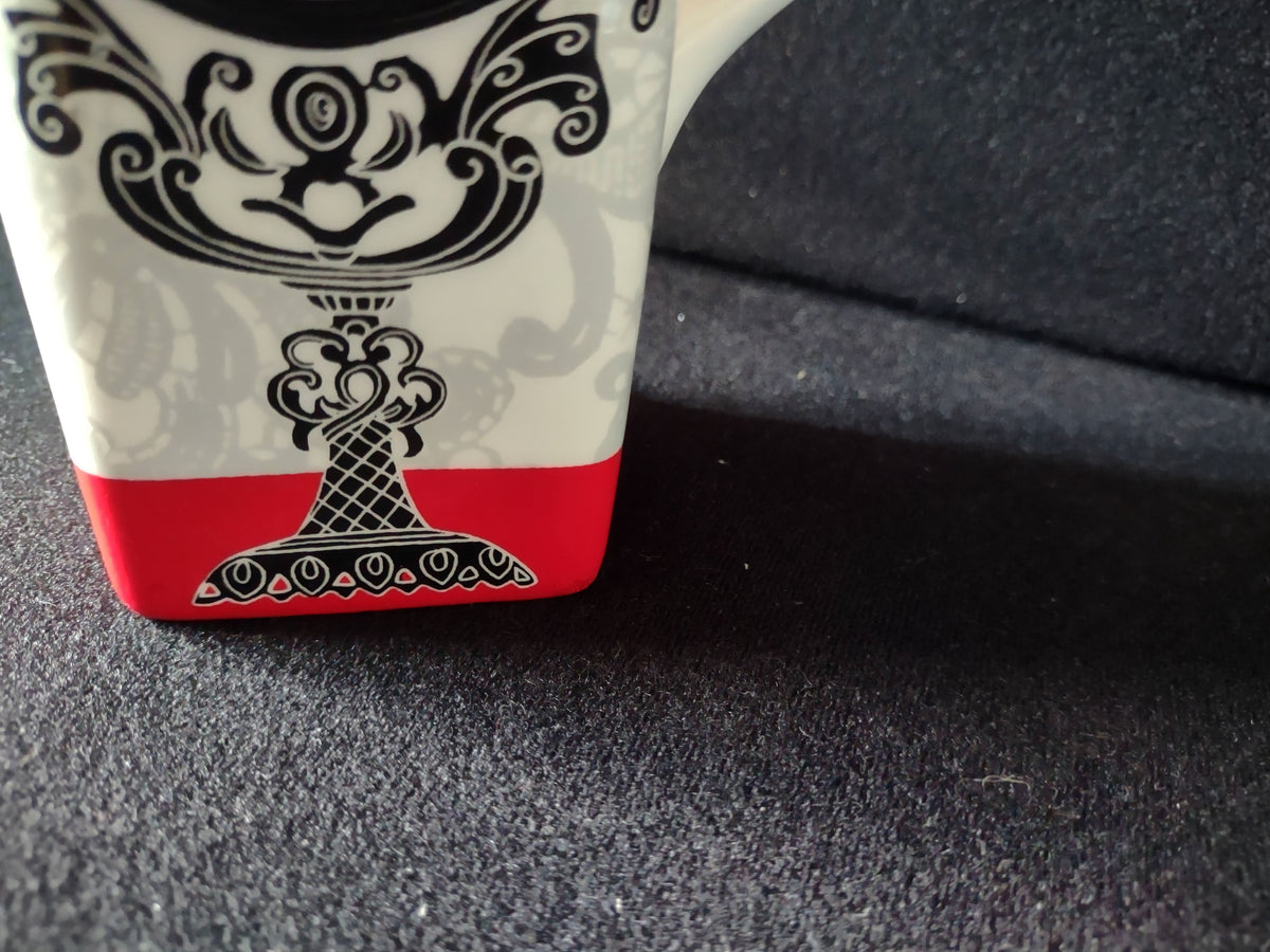 Vintage Hallmark Baroque Scrollwork Photo Frame Latte Mug - side view with ruler showing approximately 6 inch height