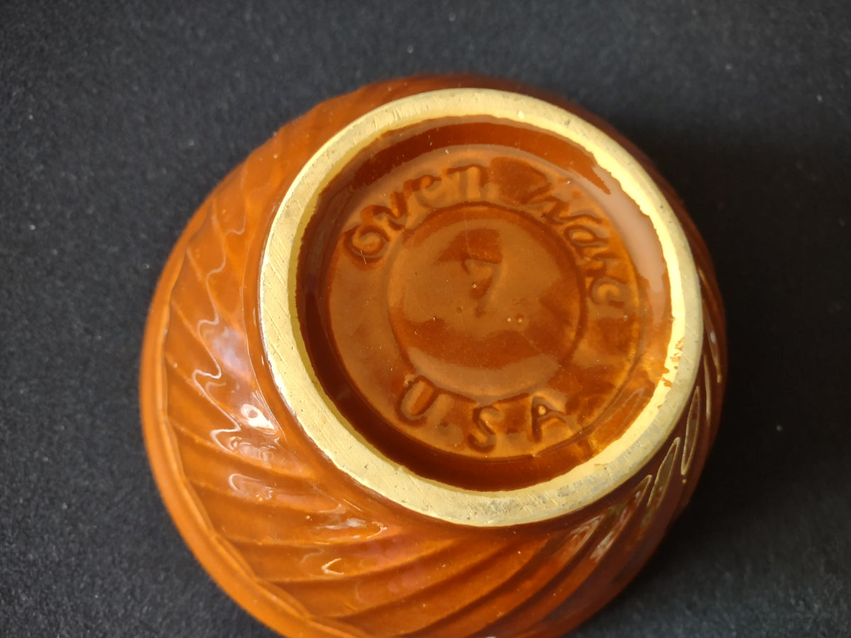 Vintage Hull Pottery mixing bowl top view with ruler showing approx 6 inch diameter