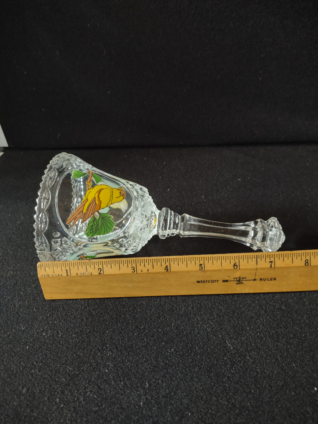 Additional view of cut crystal bell body and enamel bird decoration