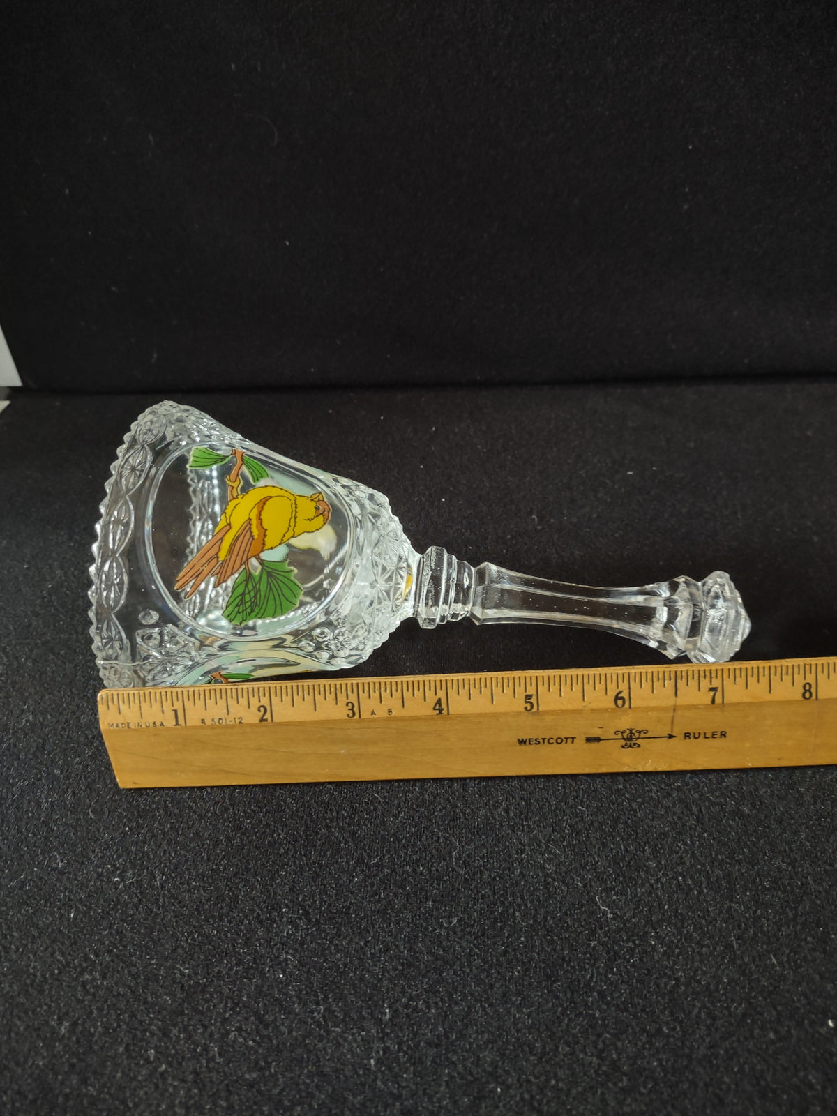 Additional view of cut crystal bell body and enamel bird decoration