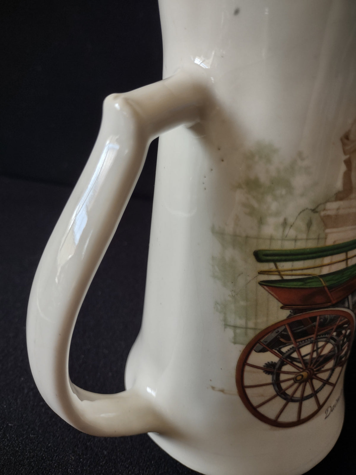 Additional view of Daimler 1886 automobile motif on off-white ceramic beer stein