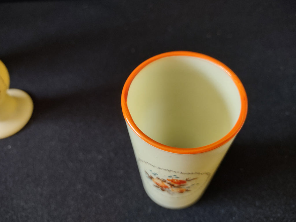 Two vintage frosted glass footed goblets with orange rose medallion, front view close