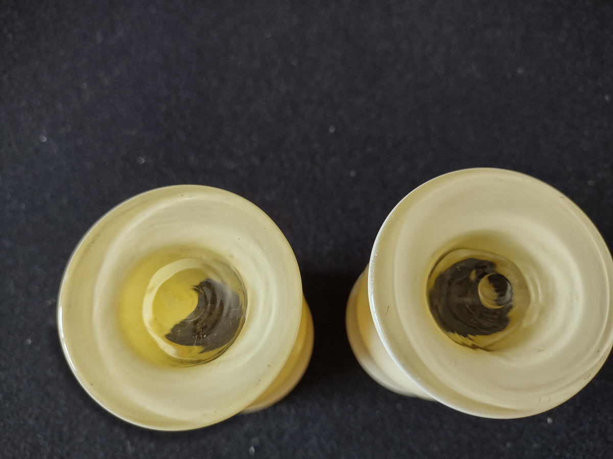 Two vintage frosted glass footed goblets with orange rose medallion, front view