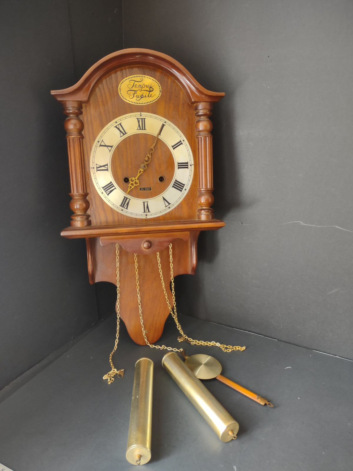 Tempus Fugit wall clock face close-up showing Roman numerals and 31-day label