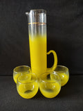 Vintage yellow frosted glass pitcher and 4 roly-poly tumblers set of 5 mid-century barware